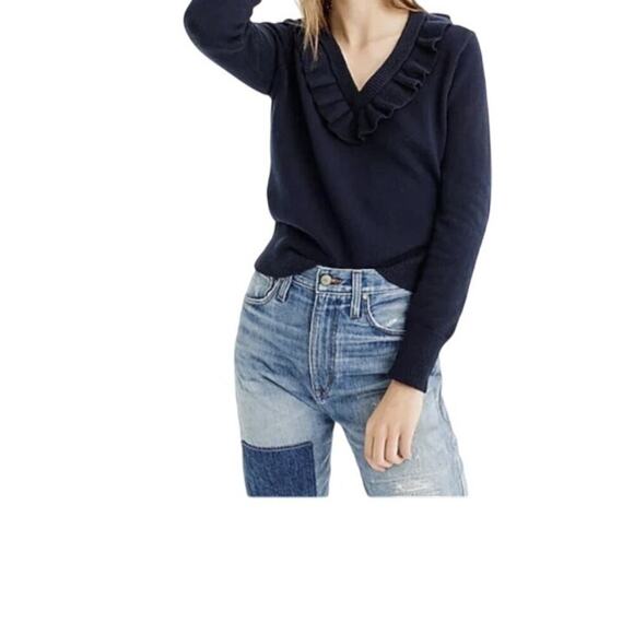 J crew sweater womens size large merino wool blend ruffle vneck sweater top - Picture 1 of 10